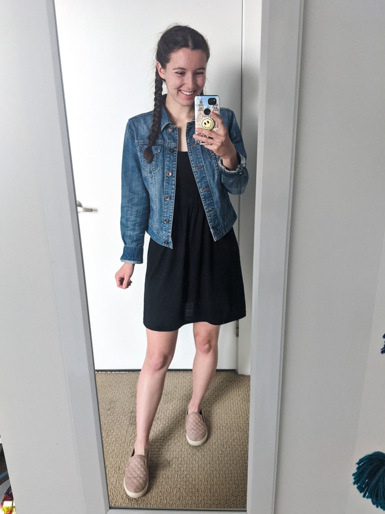 black-tank-dress-denim-jacket-blush-sneakers