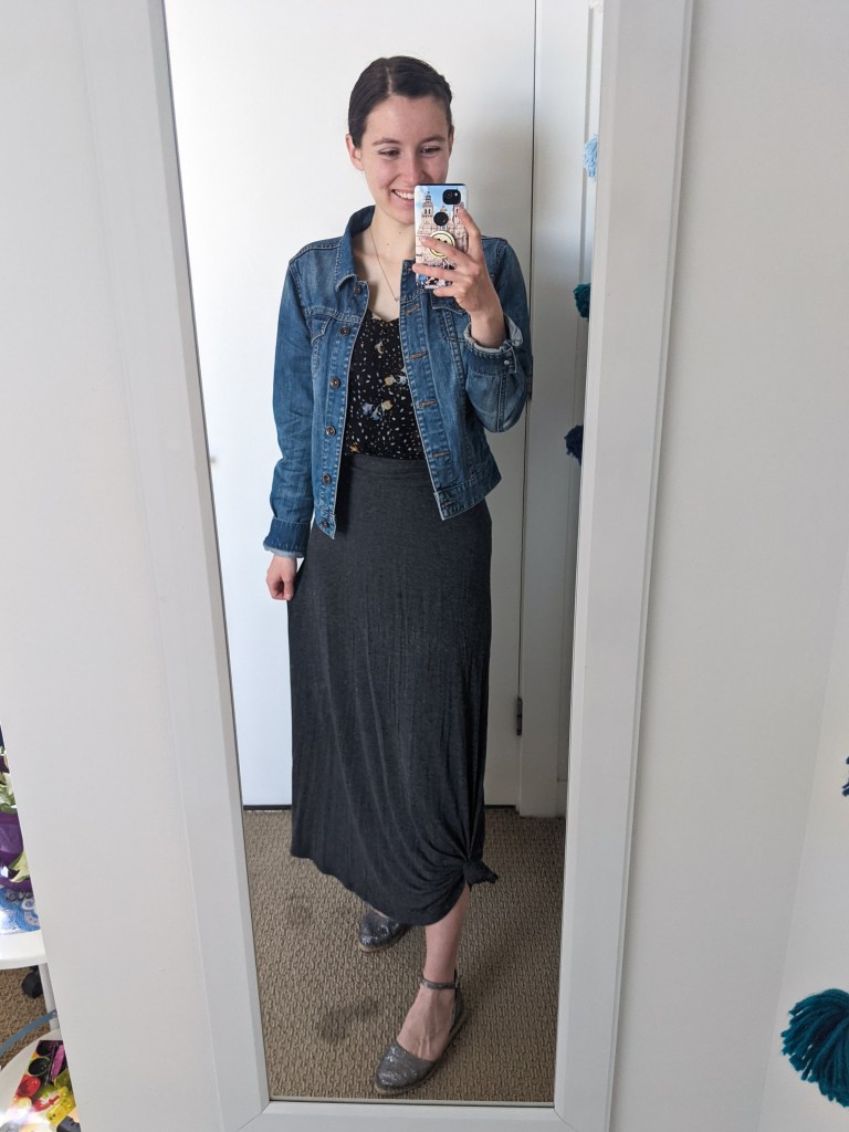 floral-tank-top-cabi-clothing-denim-jacket-grey-maxi-skirt