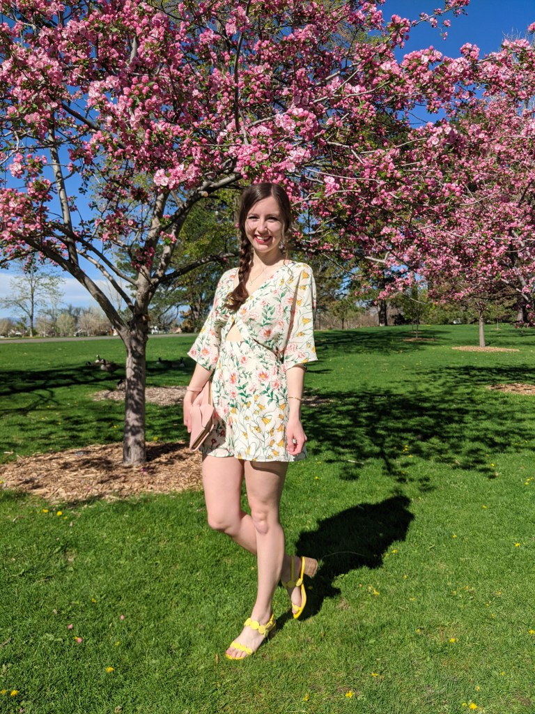 floral-romper-yellow-sandals-blush-purse