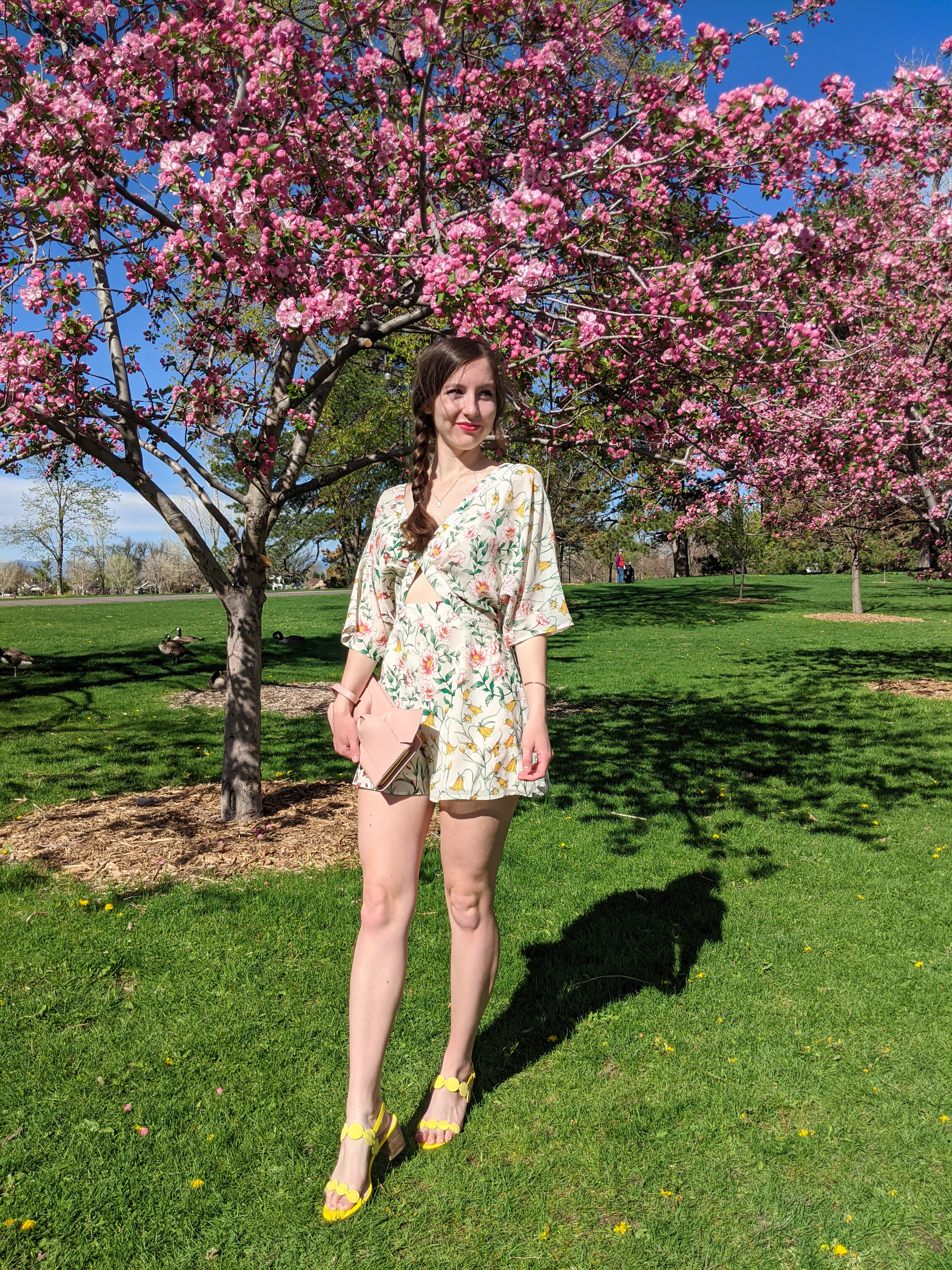 floral-romper-blush-bow-purse-yellow-heels