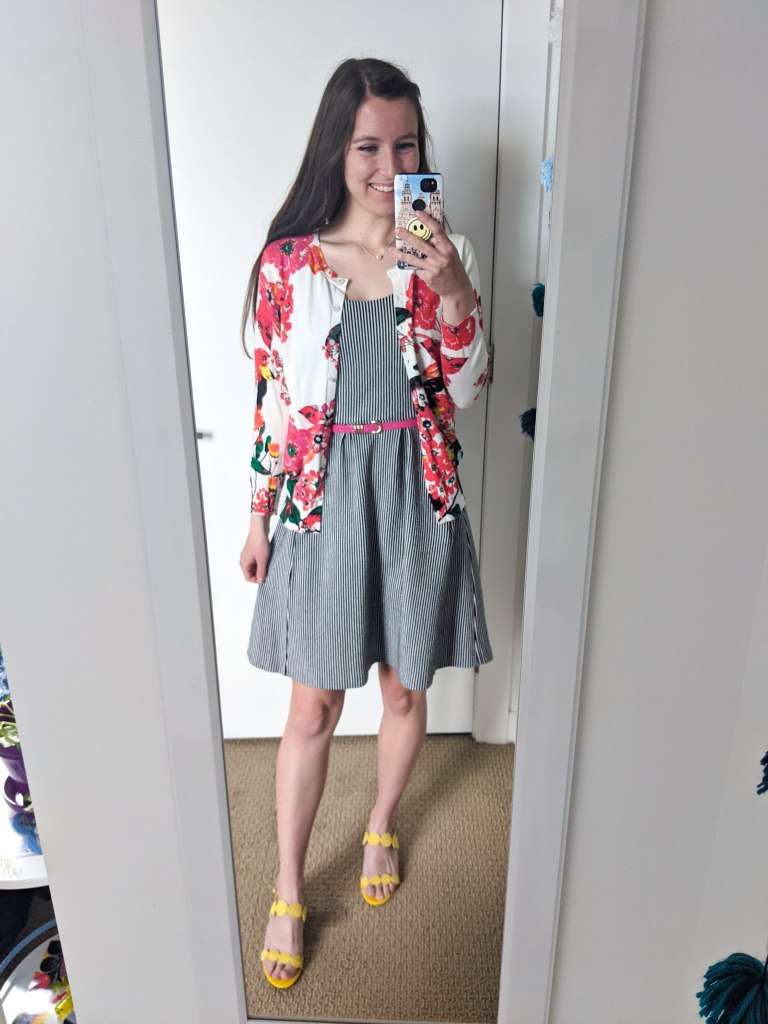 floral-cardigan-pinstripe-dress-pink-belt-yellow-sandals