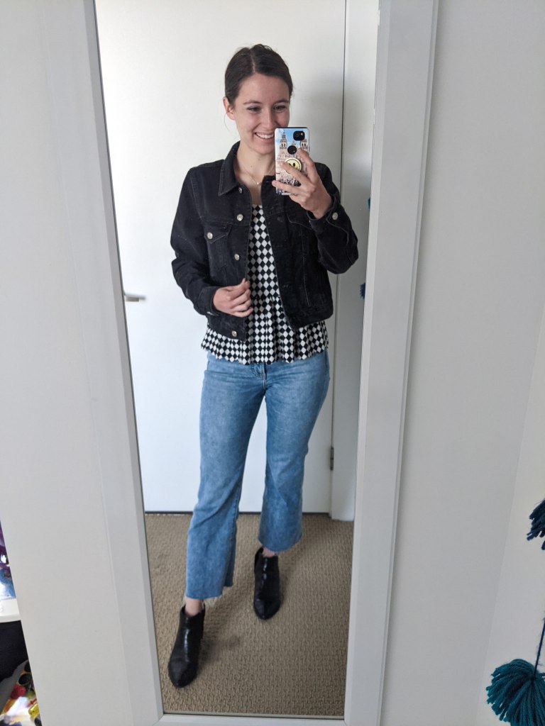 checkered-peplum-top-cropped-flared-jeans-black-booties