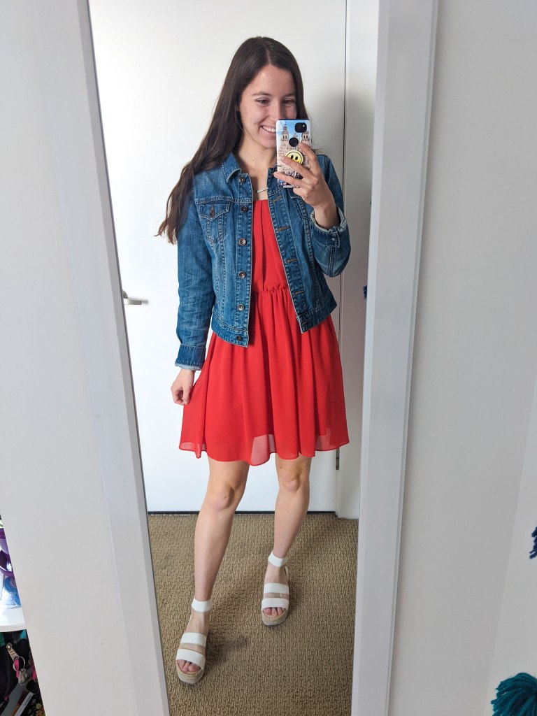 scarlet-dress-jean-jacket-white-sandals