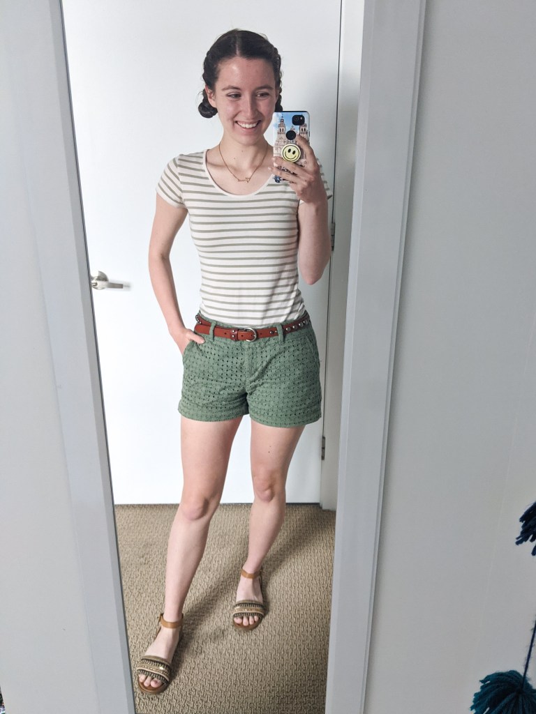 olive-green-striped-tee-eyelet-shorts-brown-sandals