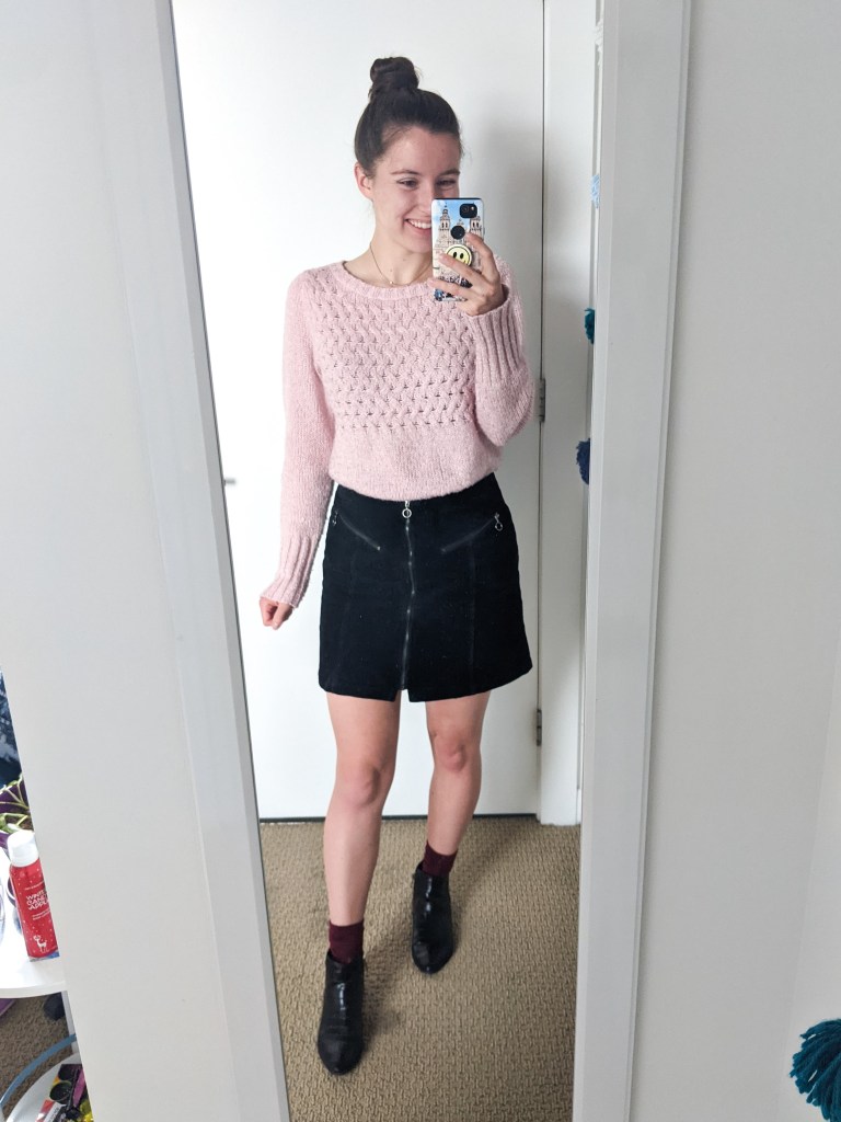 pink-sweater-black-corduroy-skirt-black-booties