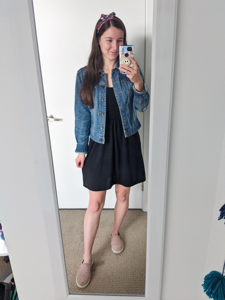black-dress-jean-jacket-hair-scarf-blush-sneakers