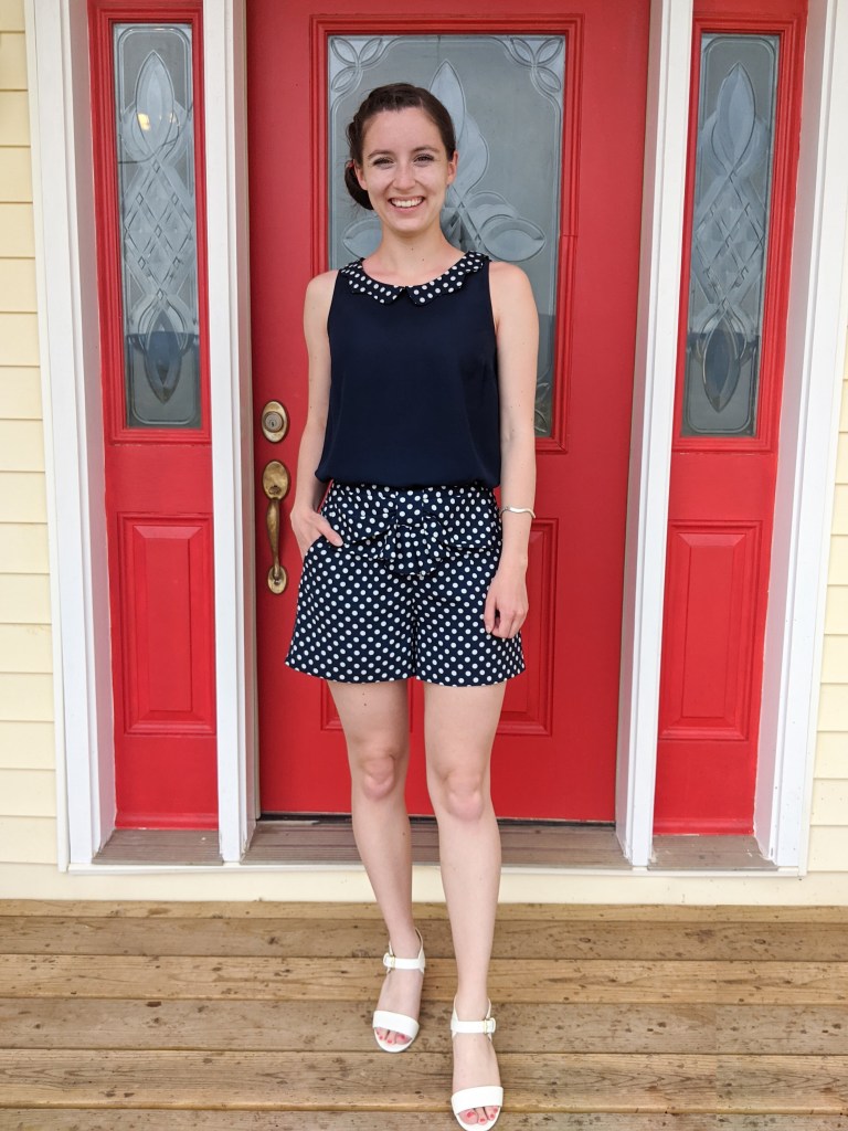 navy-polka-dot-romper-two-piece-set-white-heels