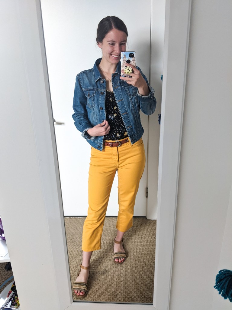 yellow-pants-colored-jeans-cabi-brown-sandals