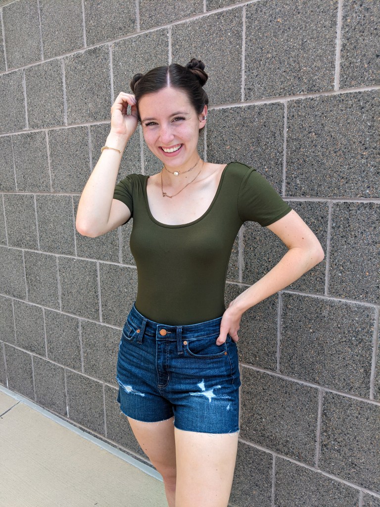 space-buns-olive-bodysuit-denim-shorts-raw-hem