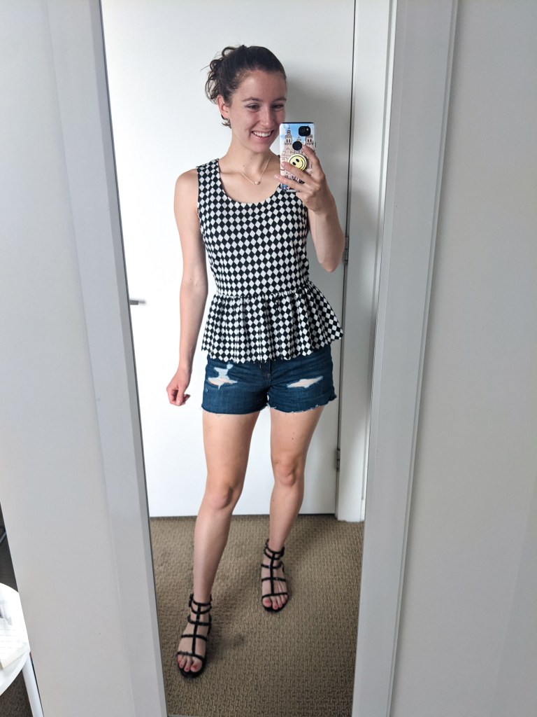 checkered-peplum-top-target-jean-shorts-black-sandals