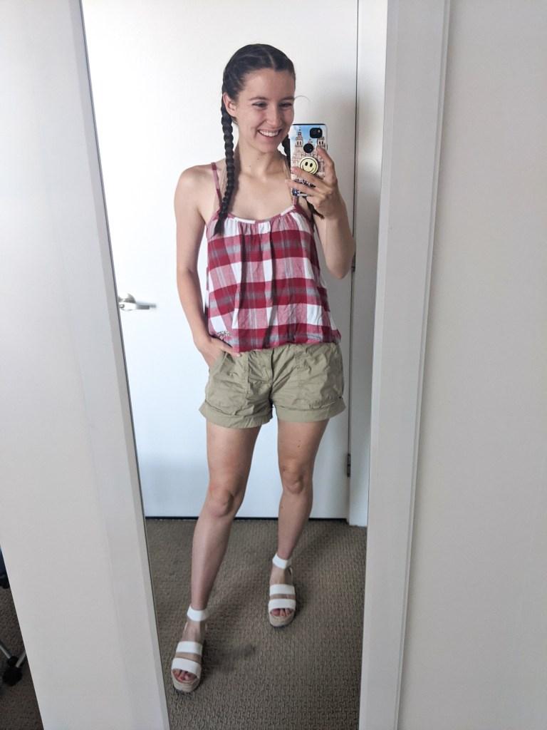 red-plaid-tank-khaki-shorts-white-espadrilles