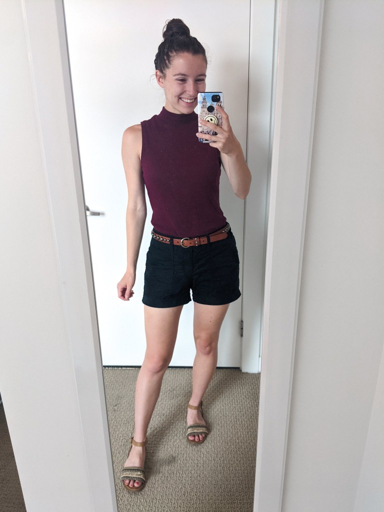maroon-mock-neck-top-black-shorts-brown-sandals