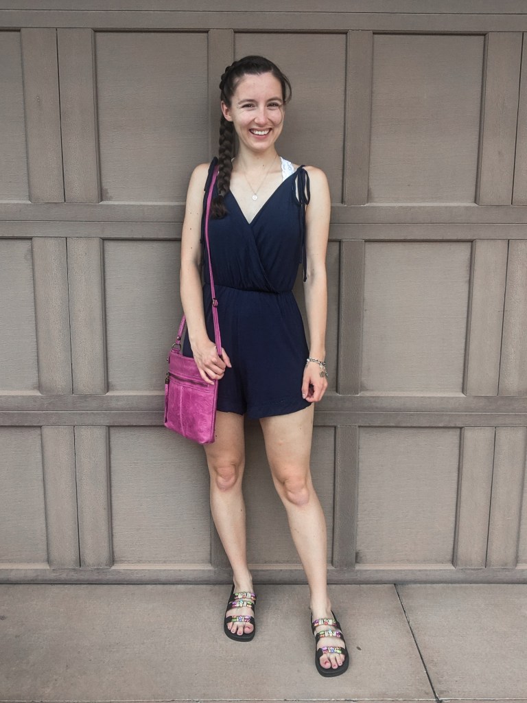 navy-romper-pink-purse-beaded-sandals