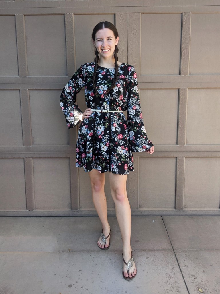 Floral-dress-bell-sleeves-brown-sandals