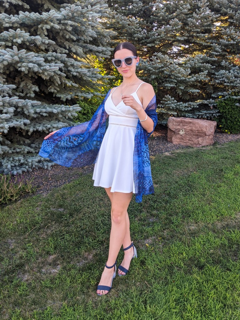 white-dress-blue-scarf-striped-sunglasses-striped-sandals