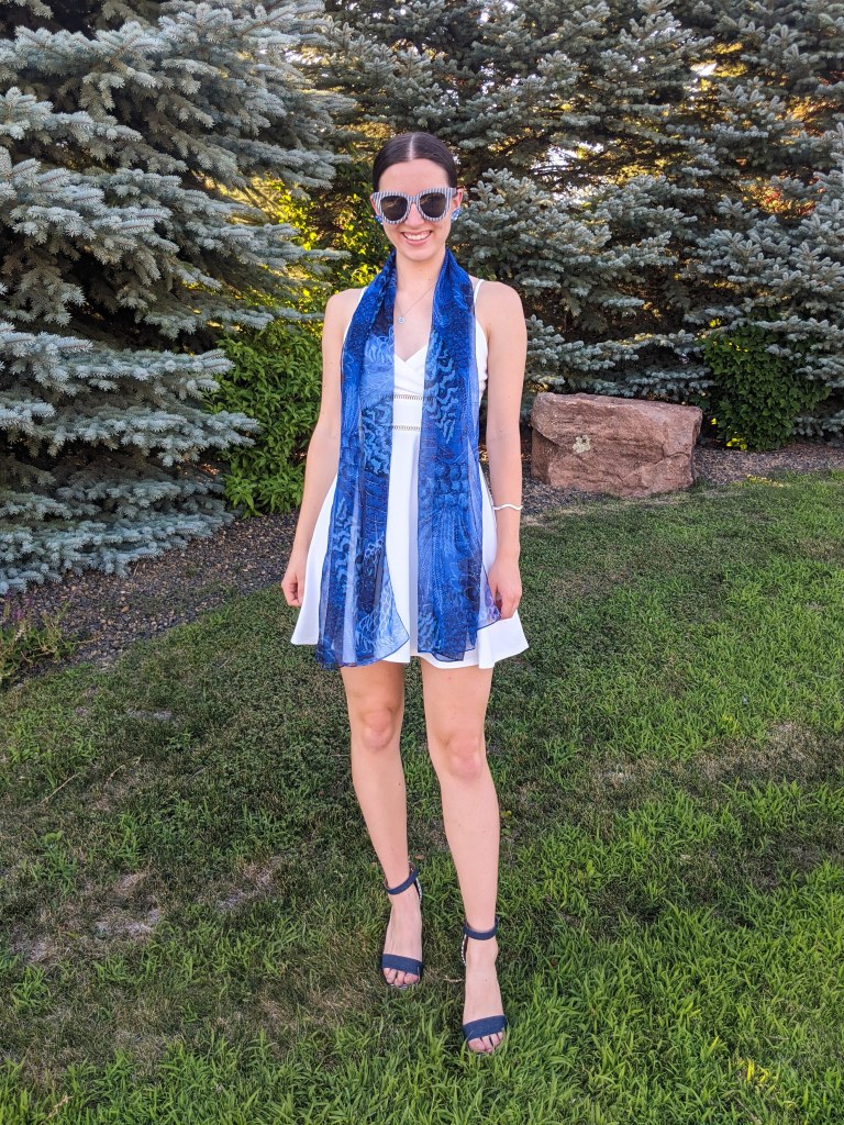 blue-scarf-white-dress-striped-sandals