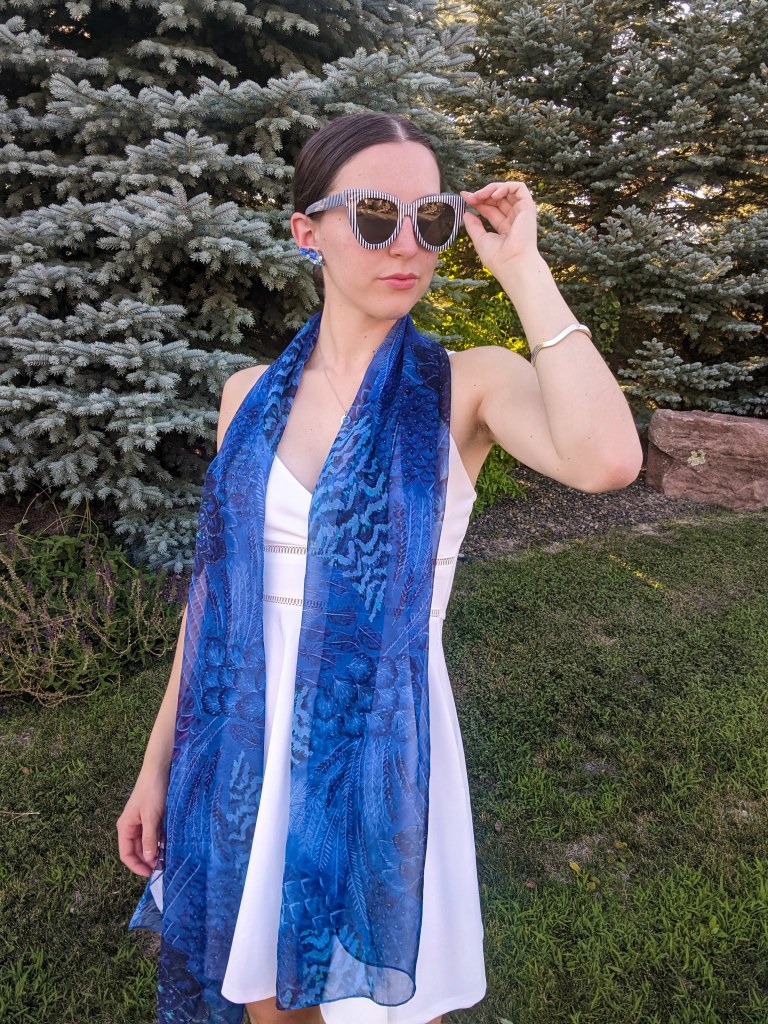 striped-sunglasses-blue-scarf-thrifted-white-dress