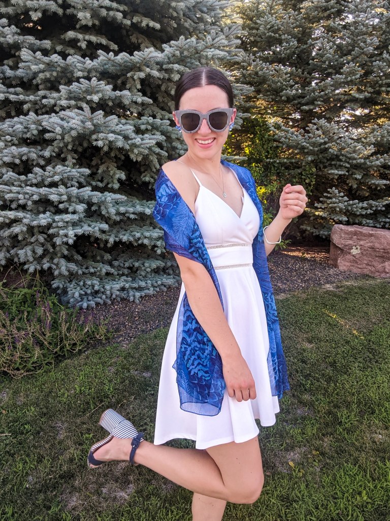 brunch-outfit-blue-scarf-white-dress-affordable-fashion