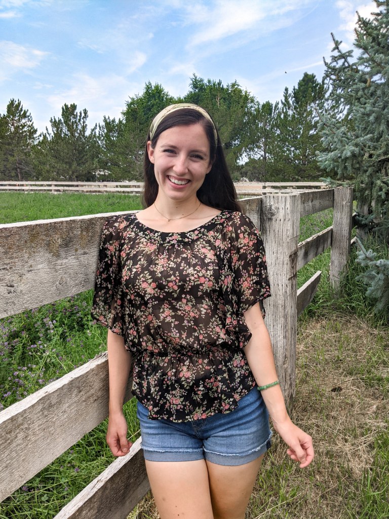 floral-blouse-denim-shorts-green-hair-scarf-fall-clothes