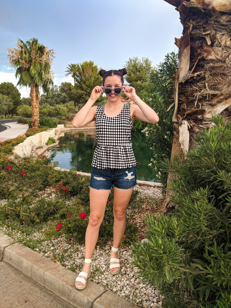 checkered-top-peplum-striped-sunglasses-denim-shorts