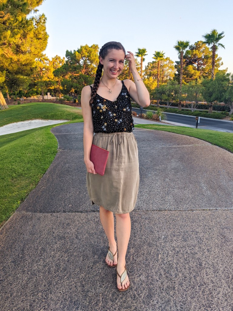black-floral-blouse-olive-green-skirt