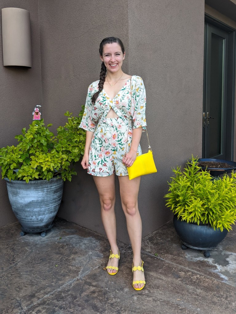 floral-romper-secondhand-consignment-yellow-heels