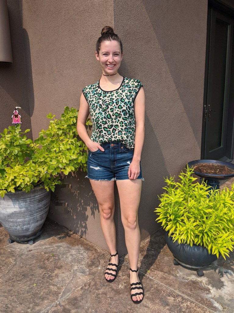 cabi-clothing-green-leopard-denim-shorts-black-sandals
