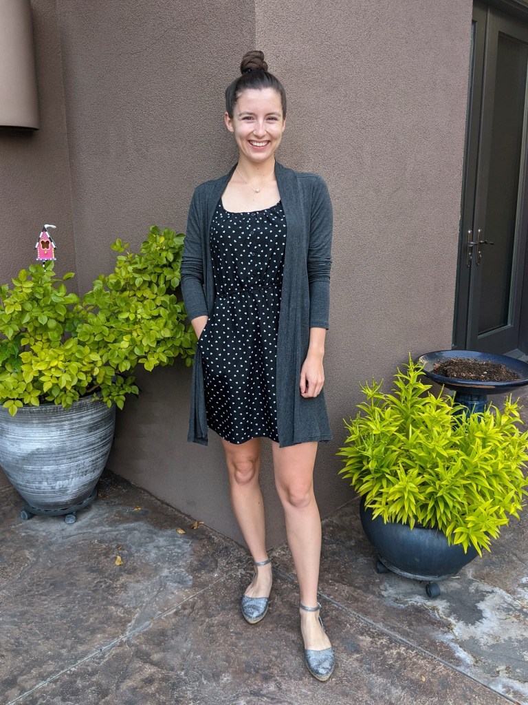 polka-dot-dress-hand-me-down-grey-cardigan-espadrilles-white-mountain-shoes