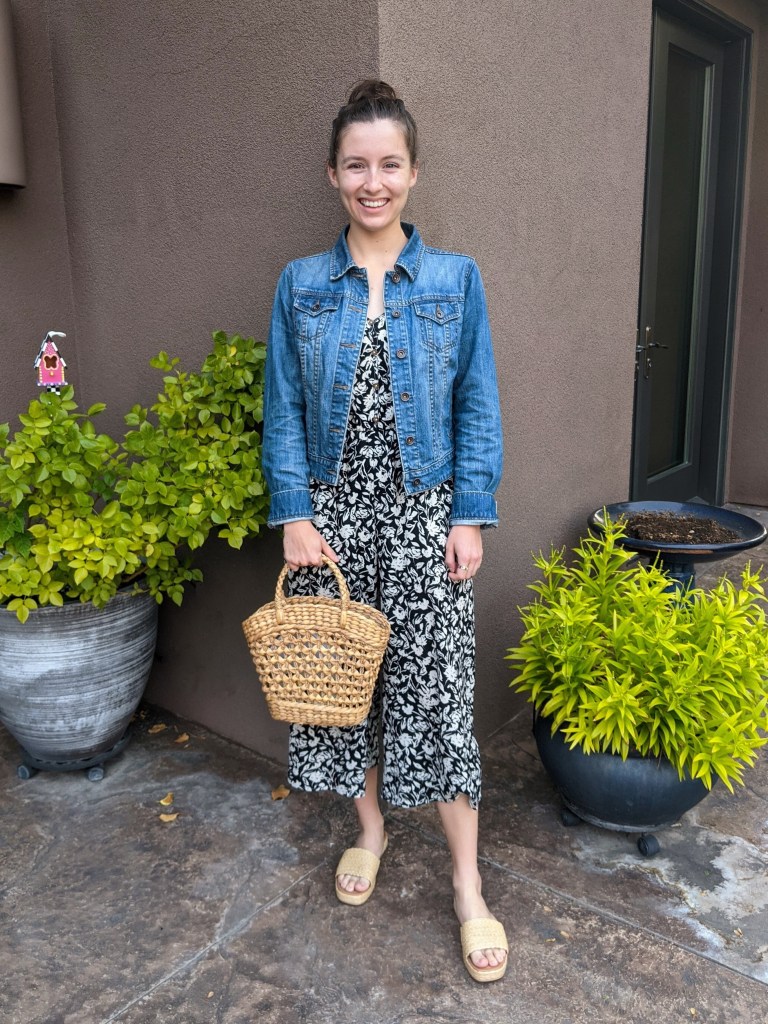 jumpsuit-francescas-denim-jacket-wicker-purse-raffia-sandals-target
