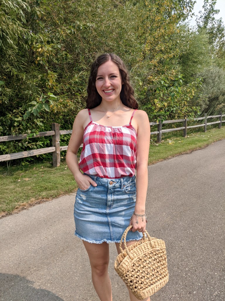 university-of-denver-denim-skirt-raffia-purse