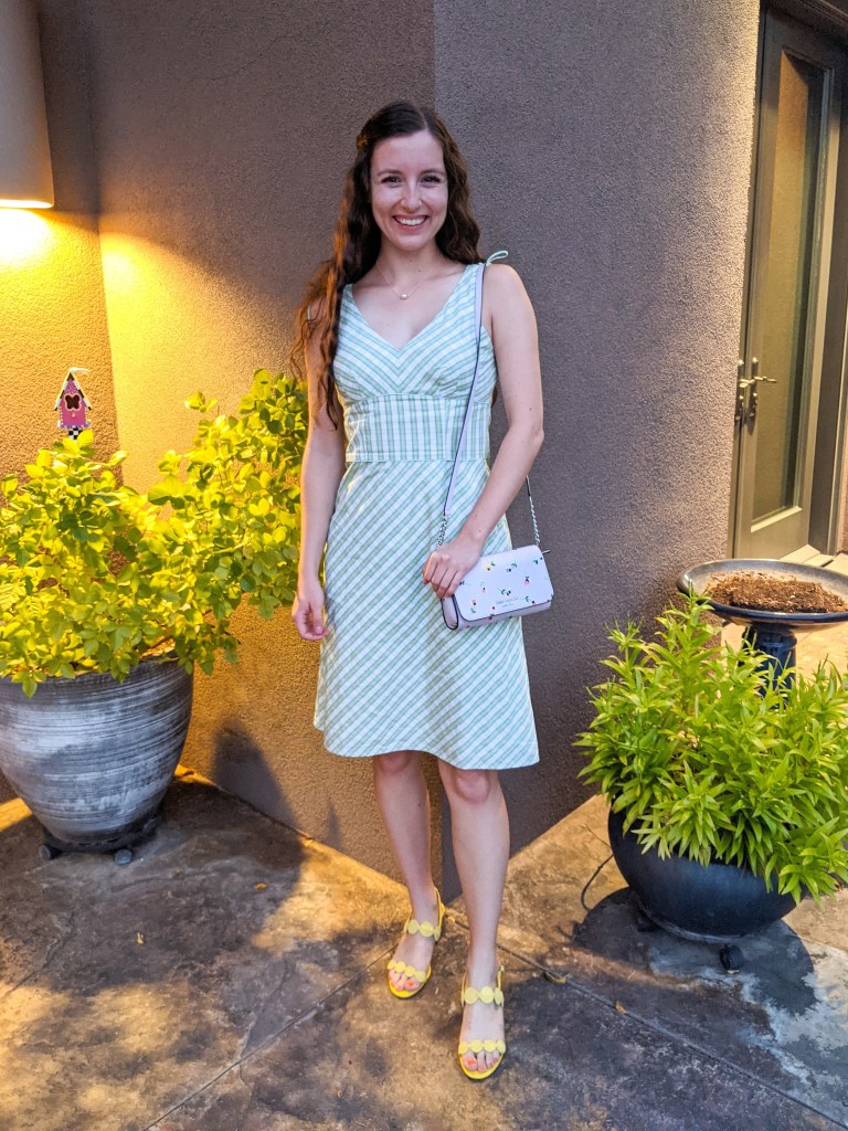 green-plaid-thrifted-dress-kate-spade-purse-yellow-heels