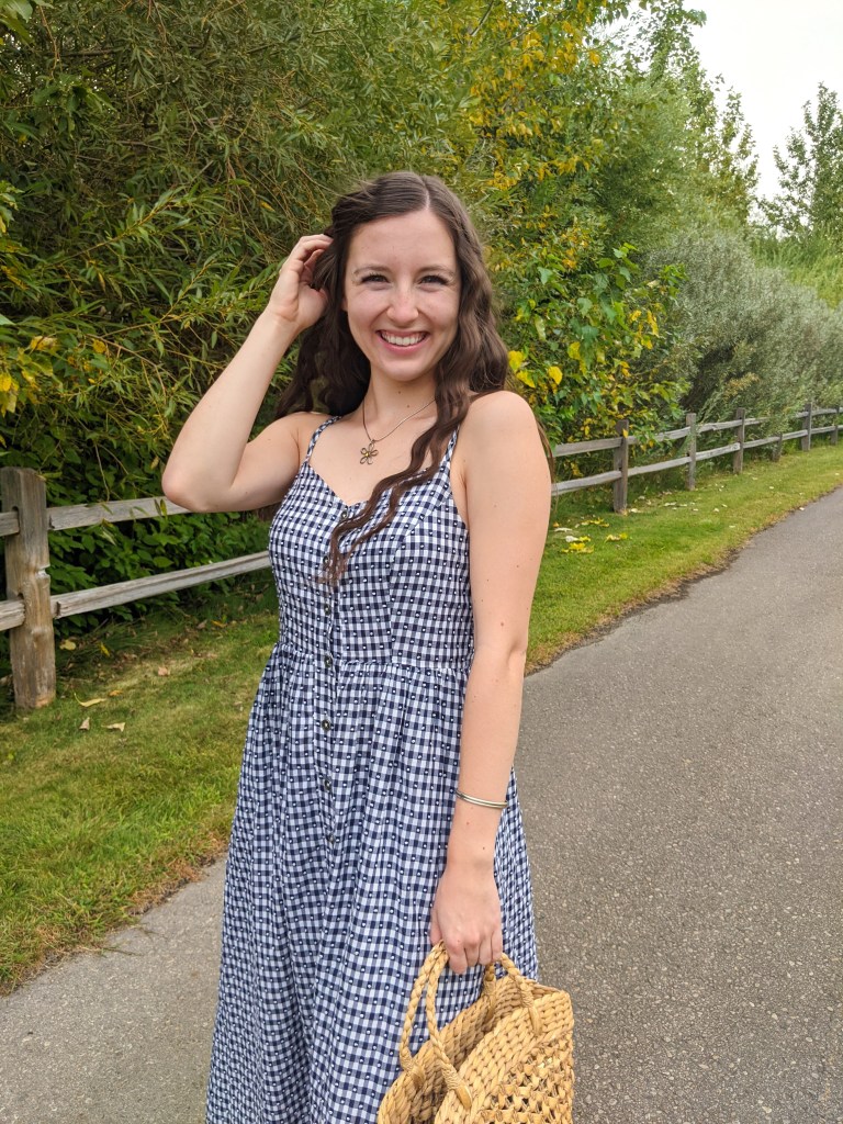 gingham-dress-button-front-crimped-hair-saucy-jewelry