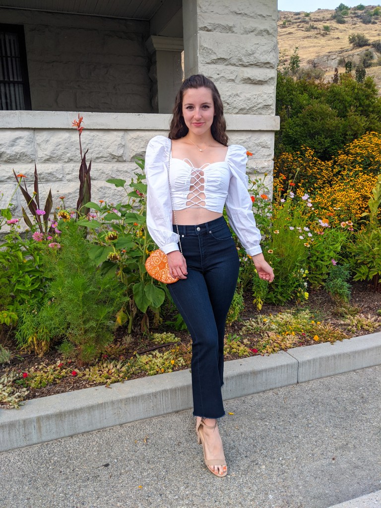 white-laceup-blouse-puff-sleeves-high-waisted-cropped-flared-jeans-express