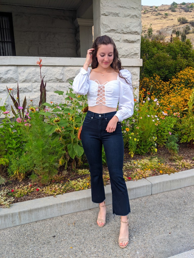 express-denim-orange-beaded-purse-summer-going-out-look-nude-sandals-white-laceup-blouse