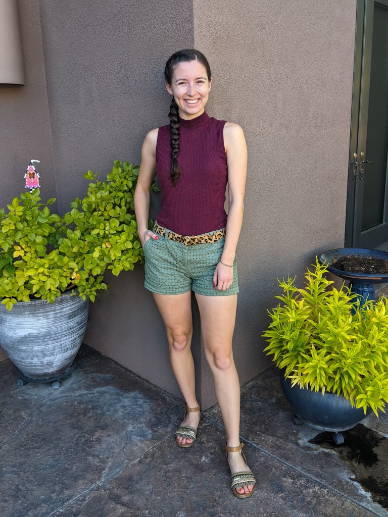 maroon-mock-neck-top-olive-green-shorts-leopard-belt