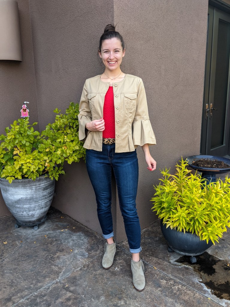 red-blouse-khaki-jacket-thrifted-skinny-jeans