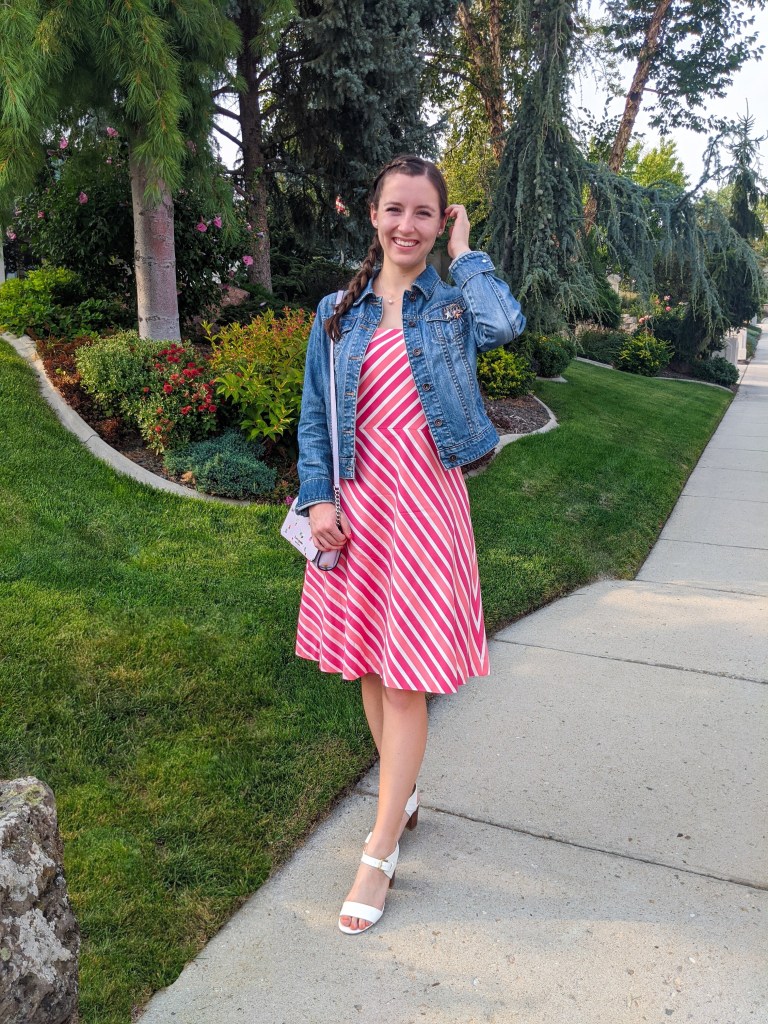 pink-striped-dress-secondhand-thrifted-find-denim-jacket