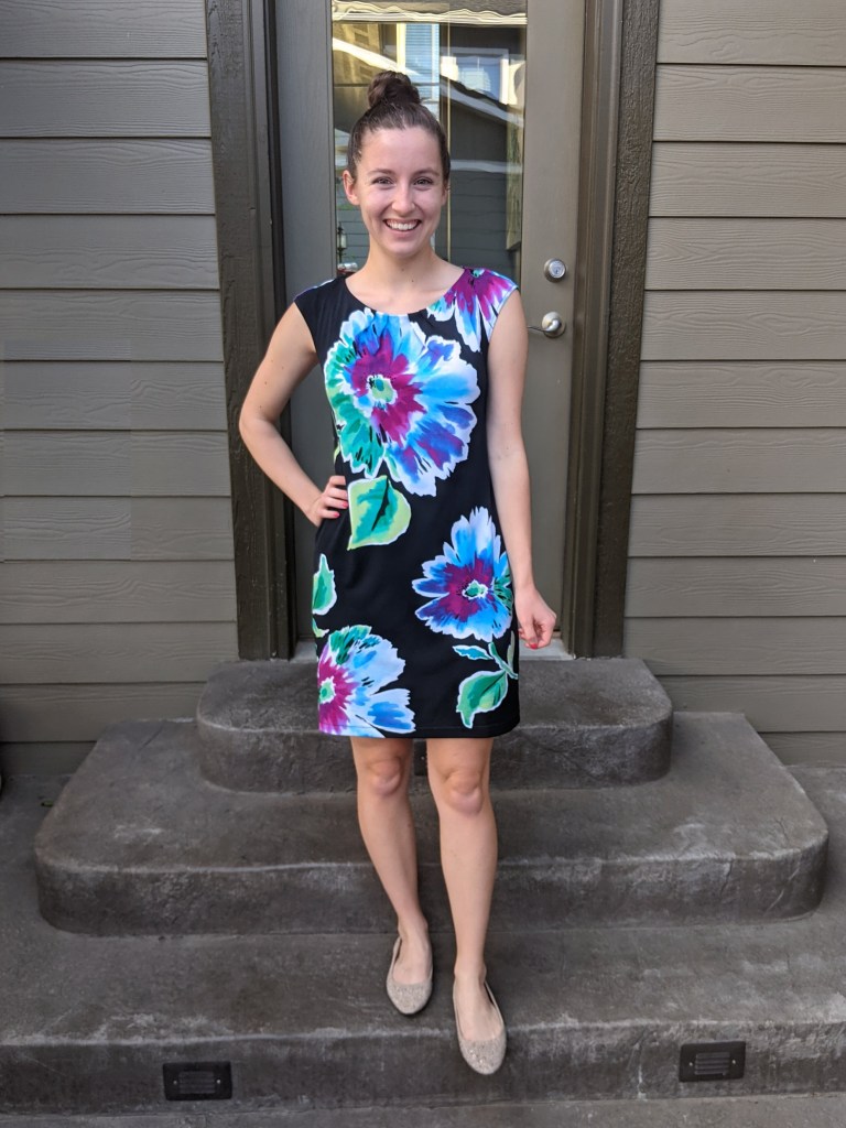 floral-work-dress-beige-sparkly-flats-work-attire
