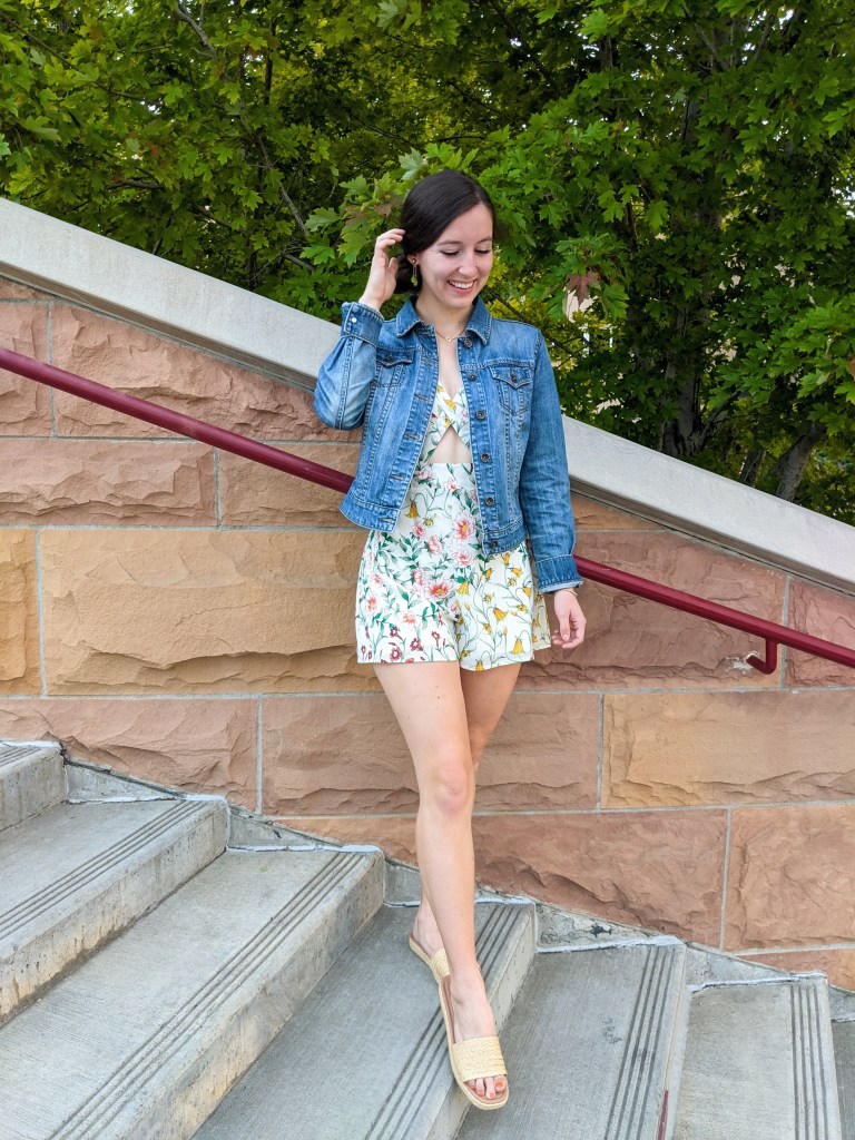 floral-romper-cutout-denim-jacket-date-night-raffia-slides