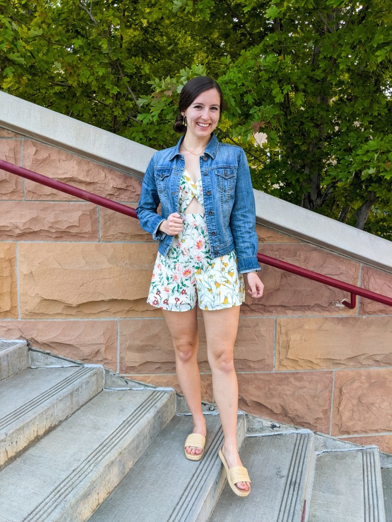 floral-romper-denim-jacket-thrifted-find-secondhand-raffia-slides