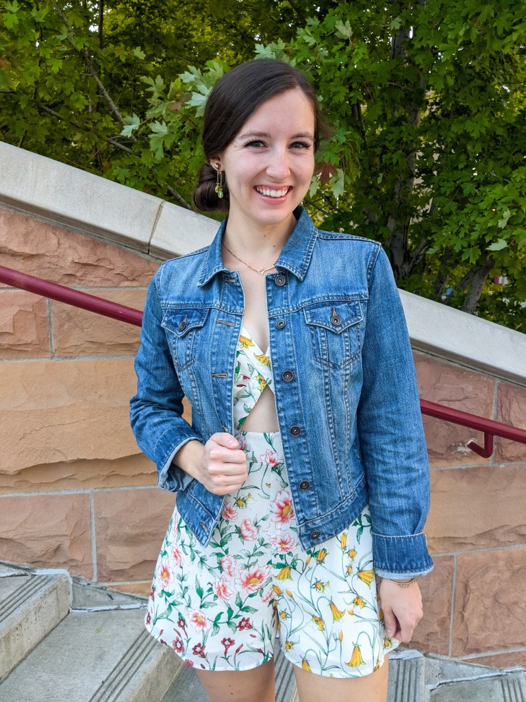 floral-thrifted-romper-denim-jacket-green-clip-on-earrings