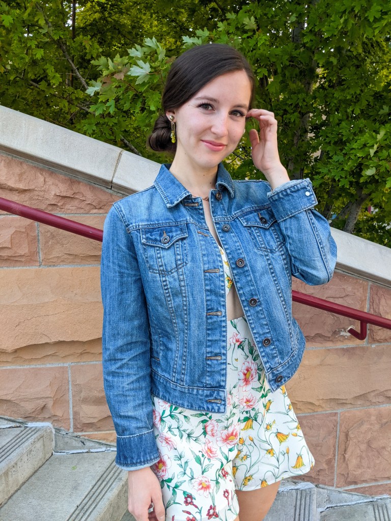 denim-jacket-floral-romper-green-earrings
