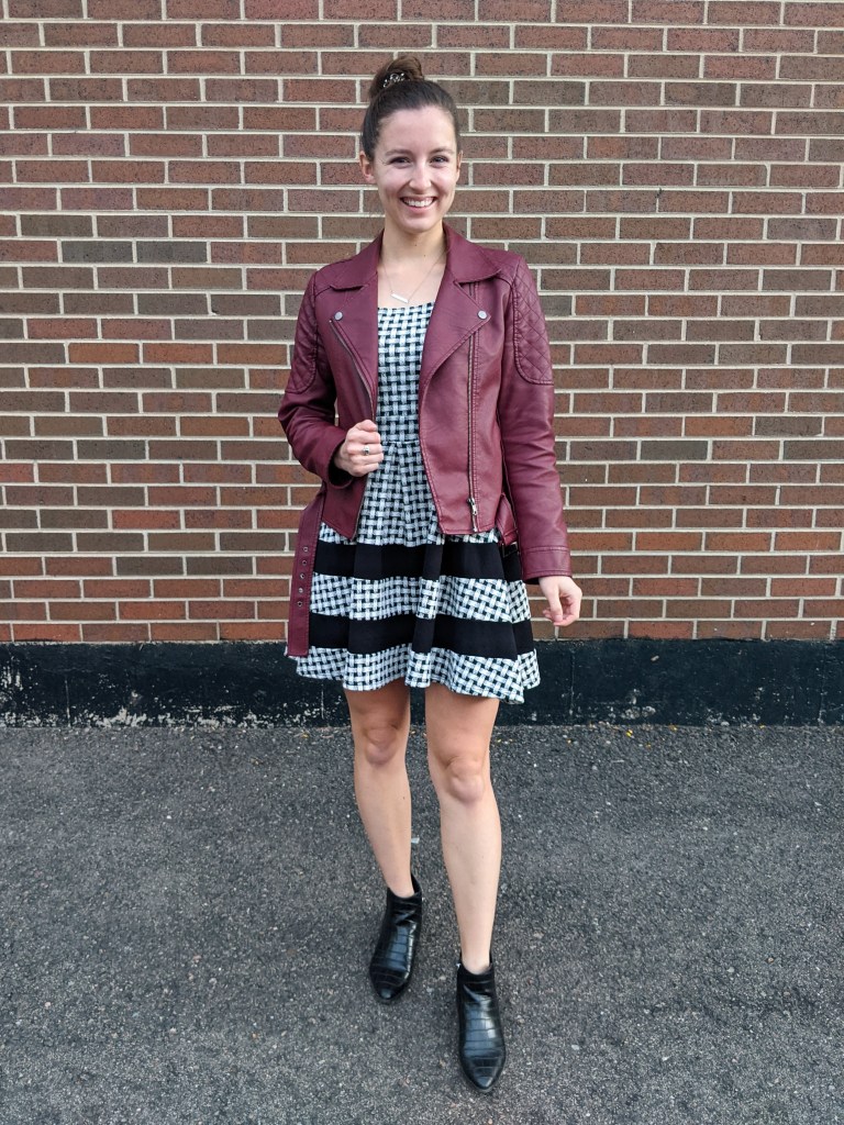 maroon-jacket-striped-gingham-dress-black-booties
