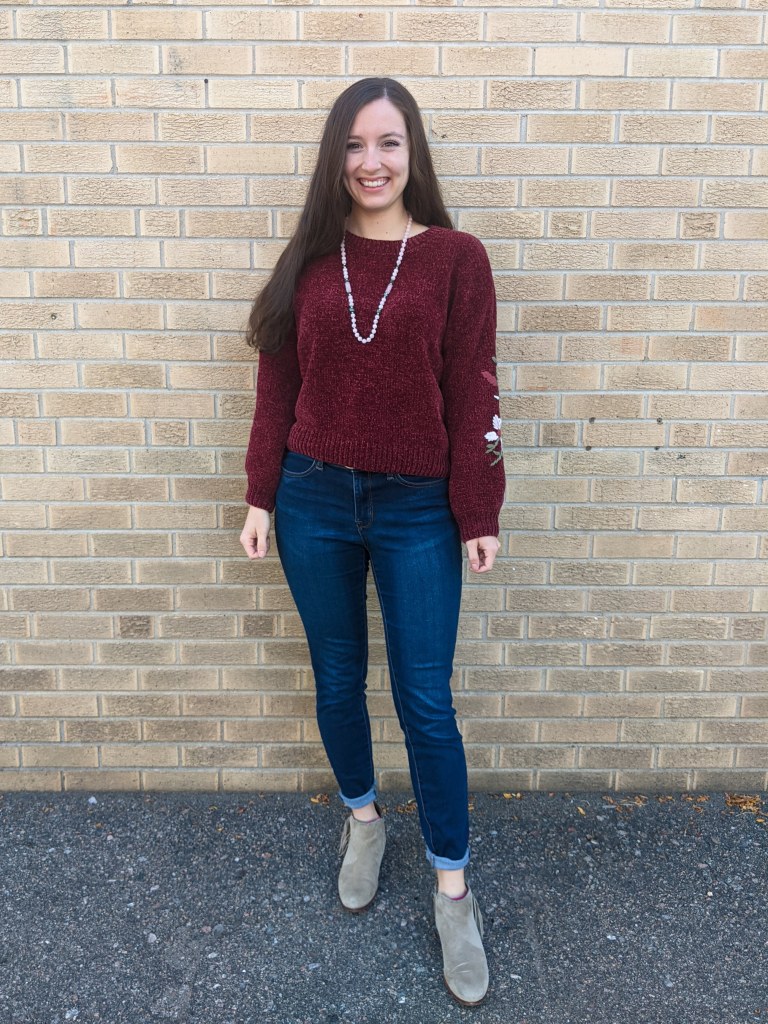 maroon-sweater-francesca's-skinny-jeans-beige-booties