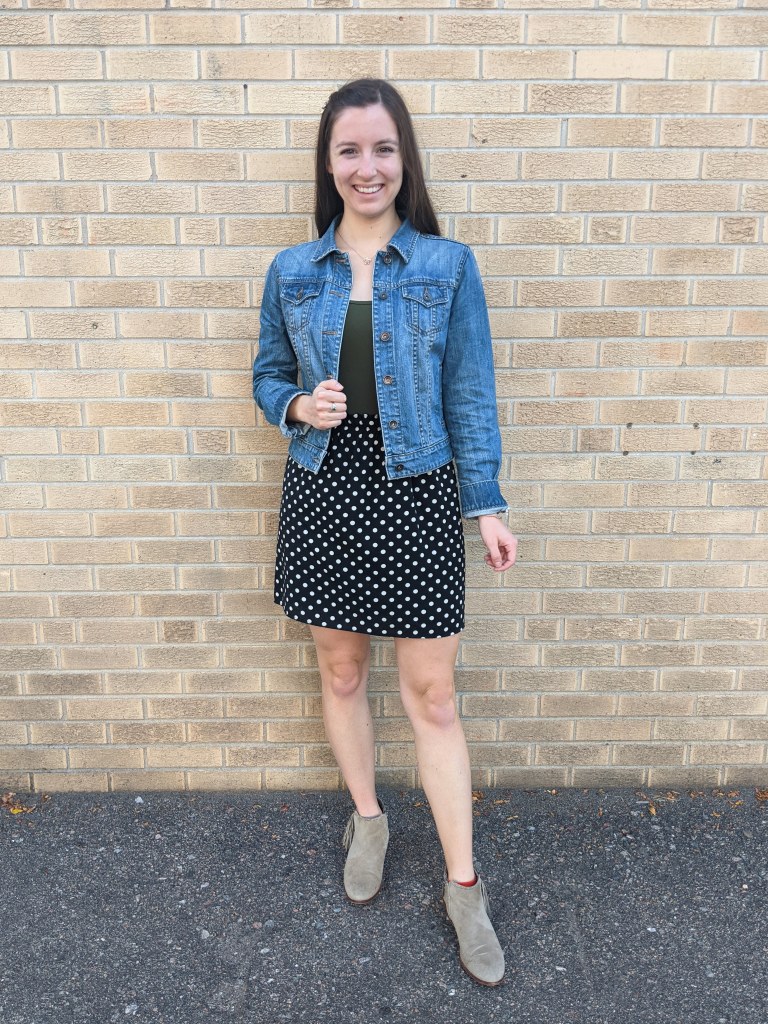 olive-green-bodysuit-denim-jacket-polka-dot-skirt-beige-booties