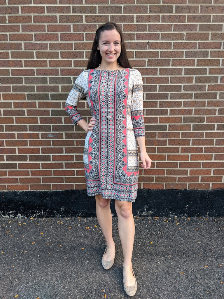 printed-dress-work-wear-beige-flats