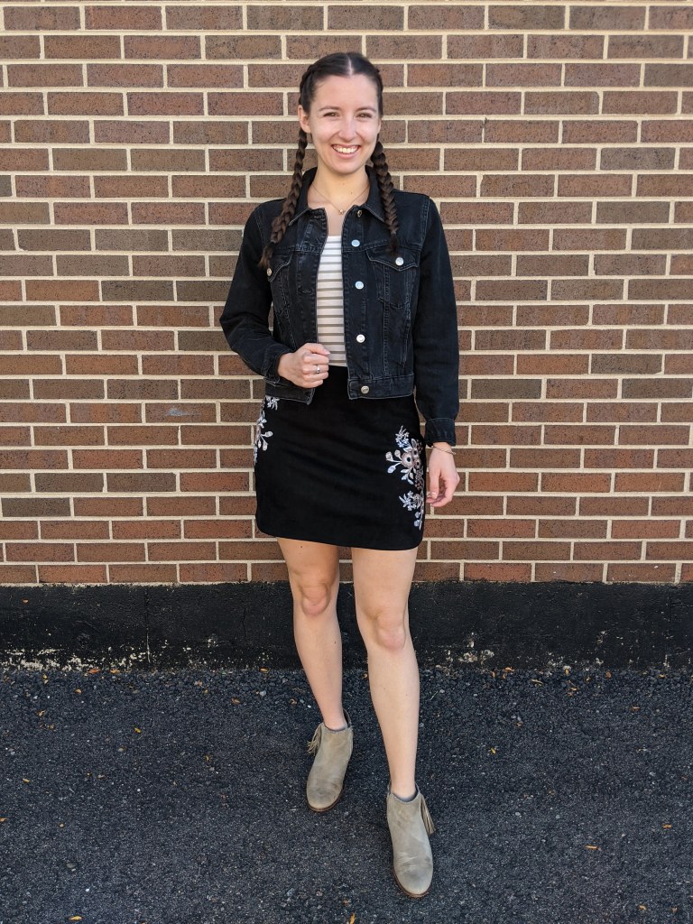 black-denim-jacket-suede-skirt-striped-tee-beige-booties