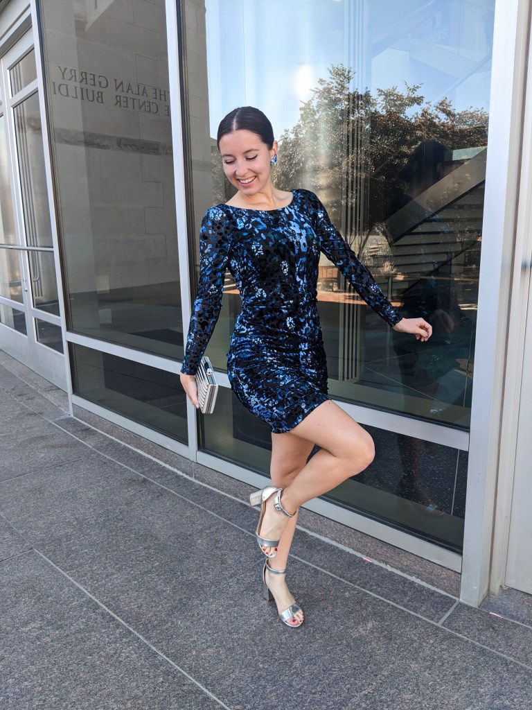 blue-velvet-dress-long-sleeves-thrifted-silver-heels