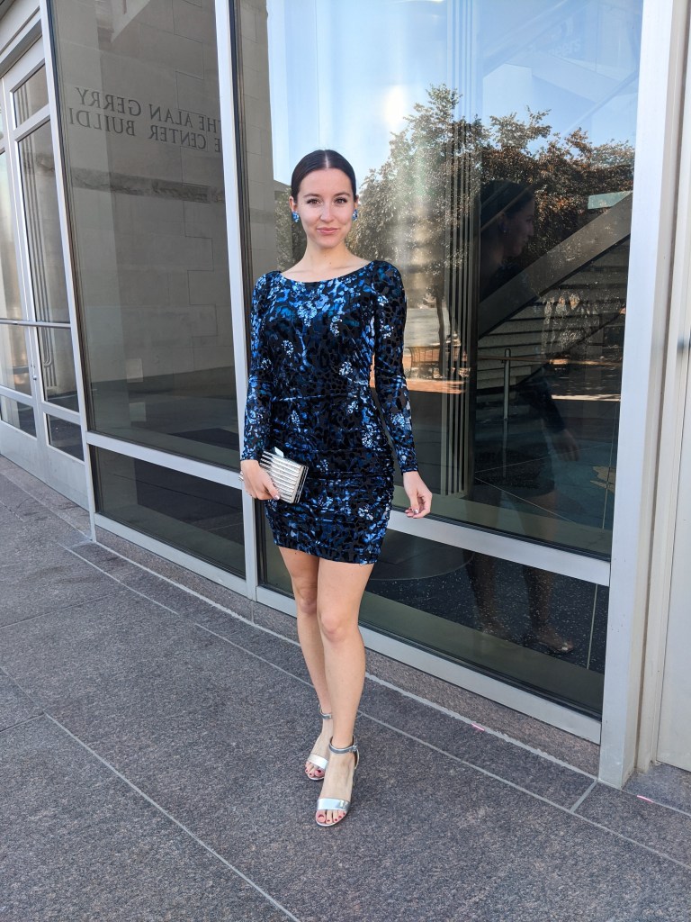 blue-bodycon-dress-silver-heels-low-bun