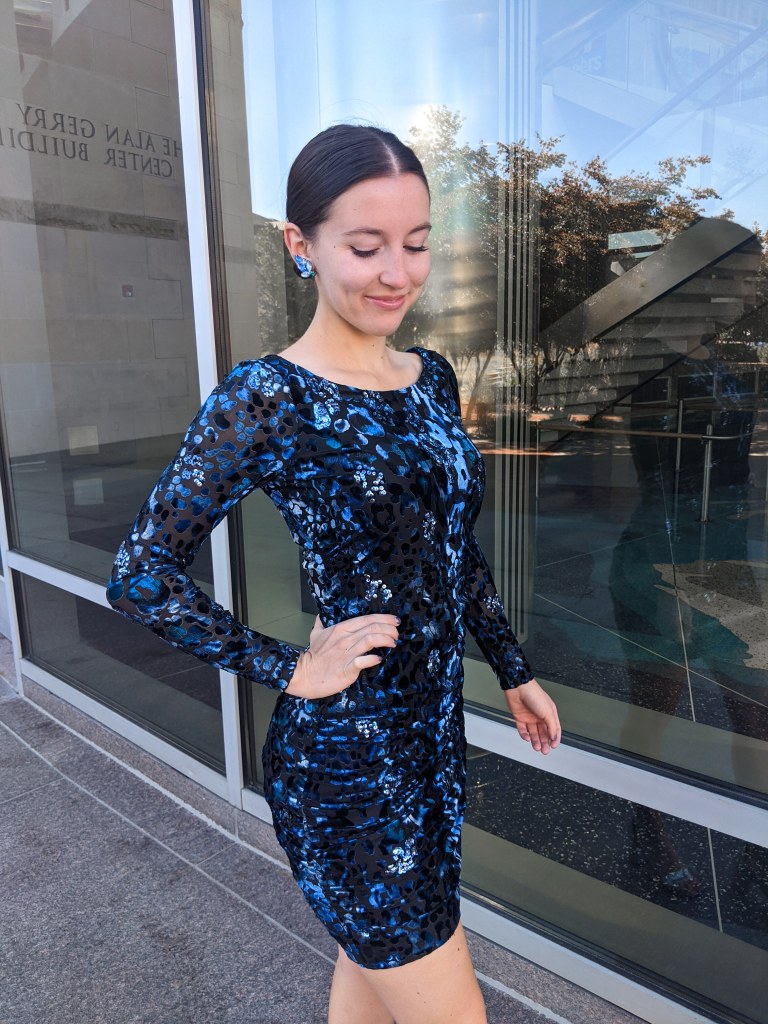 blue-sequin-velvet-dress-secondhand-thrifted